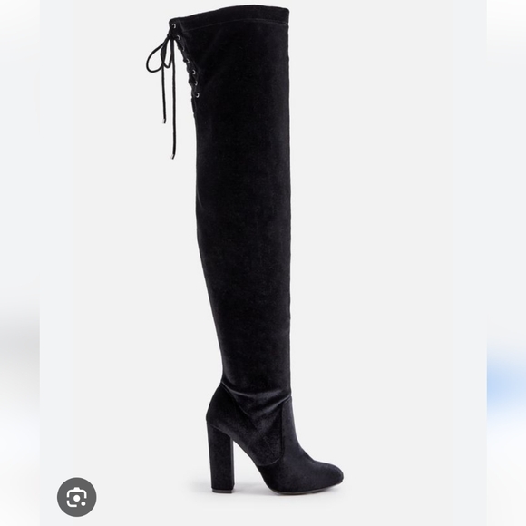JustFab Shoes - NEW JUST FAB Leona Black Heeled Knee High Suede Lace Up Boots Size 6